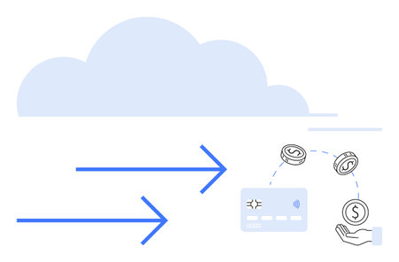 Arrows indicating data flow to cloud, coins representing money, and a contactless payment card. Ideal for financial technology, online payments, cloud computing, data transfer, banking, e-commerceのイラスト素材