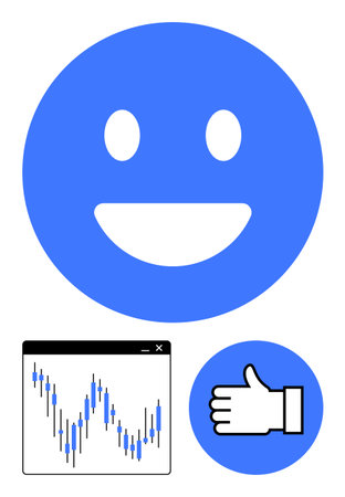Blue smiling face, candlestick stock market graph, and thumbs-up icon form a visual metaphor for positive financial trends. Ideal for business reports, financial success, market analysis, economicのイラスト素材