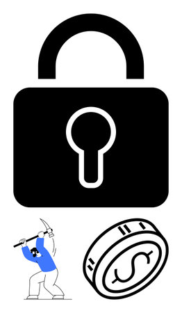 Large black padlock, miner wielding pickaxe in blue and white, and coin with dollar sign. Ideal for security, finance, cryptocurrency, investment, economic growth mining wealth. Line metaphorのイラスト素材