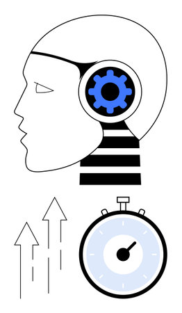 Human head silhouette with gear inside stopwatch three upward arrows. Ideal for technology, efficiency, innovation, human mind, productivity, time management, progress. Line metaphorのイラスト素材