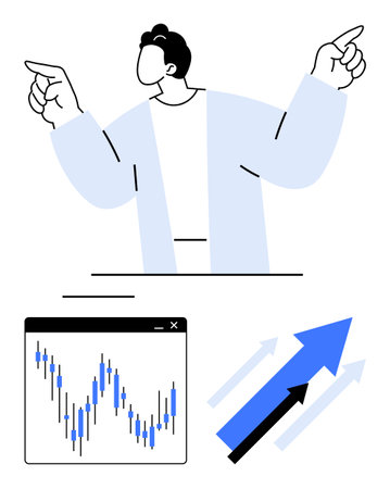 Person gesturing upwards with both hands, stock market chart showing upward trends, arrows representing growth. Ideal for business presentations, finance, stock market analysis, economic growthのイラスト素材
