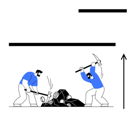 Workers using tools to break concrete represent hard work and progress. Ideal for themes of teamwork, construction, resilience, growth, industry, determination, and change. Line metaphorのイラスト素材