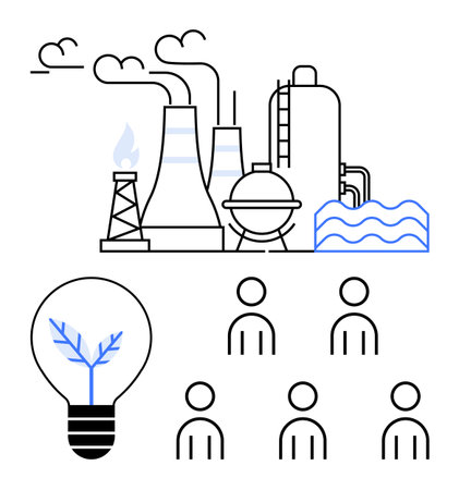 Industrial complex with chimneys and tanks, eco-friendly light bulb, human figures. Ideal for themes sustainability, innovation, green energy, community, industry, collaboration, future developmentのイラスト素材
