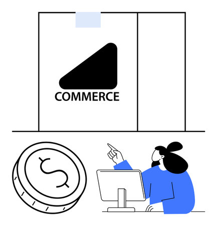 Woman at desk pointing at screen with commerce sign and dollar coin. Ideal for business, trade, finance, e-commerce, marketing, economics, online shopping. Line metaphorのイラスト素材
