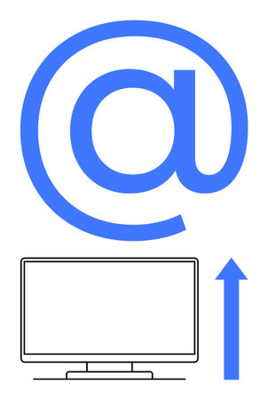 Large blue email icon above computer monitor with an upward arrow pointing to the right. Ideal for digital communication, internet, technology, online connection, email services, business growthのイラスト素材