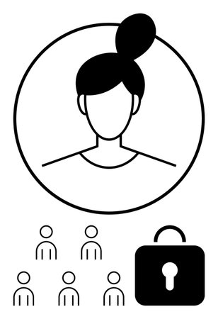 Female avatar within circle group of people, and lock symbol. Ideal for privacy, cybersecurity, online protection, personal data, social networking, digital identity, user profile. Line metaphorのイラスト素材