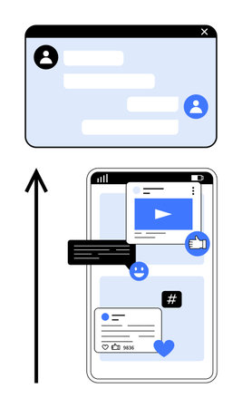 Smartphone with social media apps icons thumbs up thumbs-up, chat bubbles, and metadata tags. Key themes connectivity, communication, technology, networking, social media, digital interactionのイラスト素材