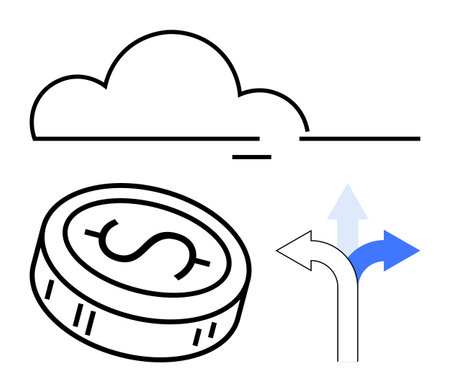 Coin with dollar sign, cloud, and directional arrows representing financial growth, decisions, and future opportunities. Ideal for finance, business strategy, investment, economic forecastingのイラスト素材