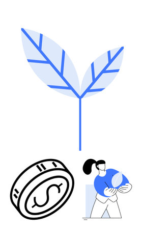 Giant leaf with blue accents, person holding smaller leaf, coin with dollar sign. Ideal for sustainability, green finance, eco-friendly initiatives, investments, environmental awareness, eco-friendlyのイラスト素材