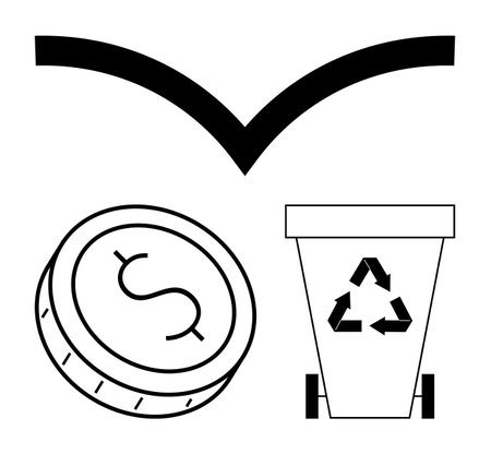 Arrow pointing downward above a coin with a dollar sign and a recycling bin with the recycling symbol. Ideal for sustainability, recycling, waste management, conservation, financial investmentのイラスト素材