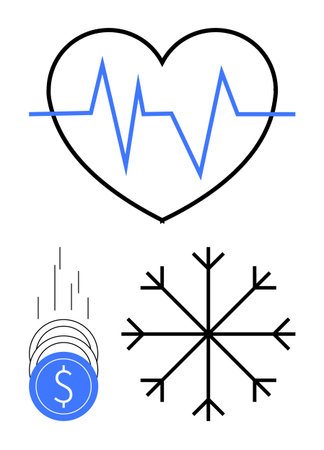 Heartbeat line inside heart shape, falling coins with dollar sign, and large black snowflake. Ideal for health, fitness, finance, cold weather, winter economics medical themes. Line metaphorのイラスト素材