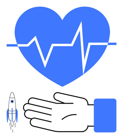 Blue heart with heartbeat line, hand offering support, rocket launching. Ideal for healthcare,...