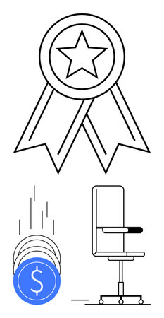 Award ribbon with star, falling coins, and an office chair suggesting achievement, recognition, and professional success. Ideal for business milestones, financial growth, promotions, rewards careerのイラスト素材
