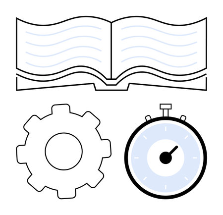 Open book gear cog and stopwatch. Ideal for education, productivity, efficiency, learning, study, time management, organization Line metaphorのイラスト素材