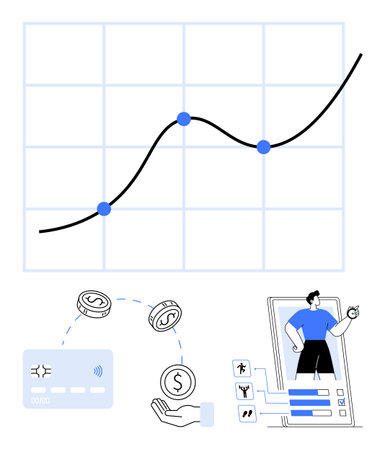 Line graph with rising trend and data points, credit card and coins illustrating digital transactions, person giving a business presentation on phone screen. Ideal for finance, banking, investmentのイラスト素材