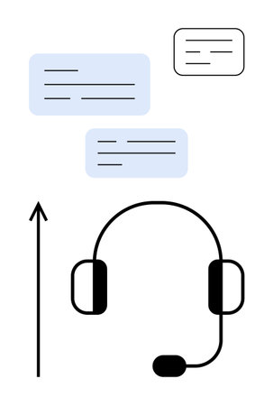 Headset with microphone chat bubbles and upward arrow. Ideal for communication, customer service, tech support, growth, assistance, messaging, help desk. Line metaphorのイラスト素材