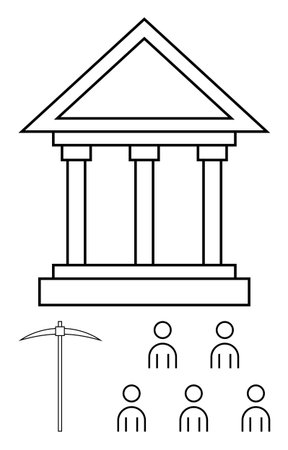 Large structure with three pillars a pickaxe, and five individuals below. Ideal for themes of governance, community, labor, construction, teamwork, history, social structure. Line metaphorのイラスト素材