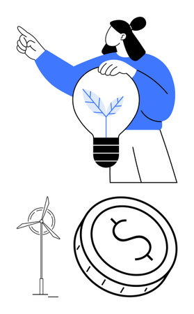 Person holding light bulb with leaf inside, pointing towards wind turbine and dollar coin. Ideal for renewable energy, green finance, sustainability, environmental campaigns, educational materialsのイラスト素材