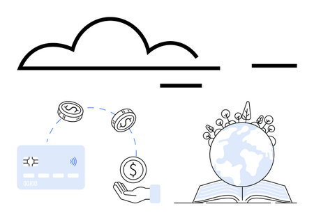 Credit card, coins being transferred, hand, and globe sprouting countries from an open book technology, finance, education, global connectivity, cloud storage. Ideal for online banking global tradeのイラスト素材