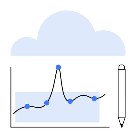 Graph with fluctuating line plot cloud symbol pen at side. Ideal for data visualization, analytics, cloud computing, technology, business strategy, innovation, creativity. Line metaphorのイラスト素材