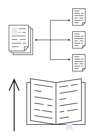 Flowchart of document organization with multiple documents branching into an open book. Ideal for presentations, education, project management, data organization, process explanation, researchのイラスト素材