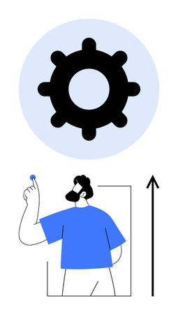 Human figure points toward a gear symbol representing innovation progress growth, and technology. Ideal for technology, development, creativity, strategy, advancement, productivity. Line metaphorのイラスト素材