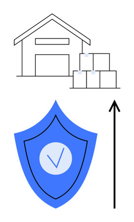 Warehouse structure with stacked boxes and blue shield with check mark and upward arrow. Ideal for logistics, security, efficiency, growth, protection, inventory, safety. Line metaphorのイラスト素材