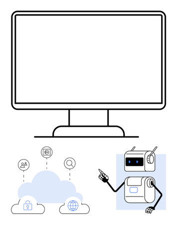 Monitor robot pointing at cloud computing icons with user, email, search, security, and global. Ideal for technology, artificial intelligence, cloud storage, online security, global connectivityのイラスト素材
