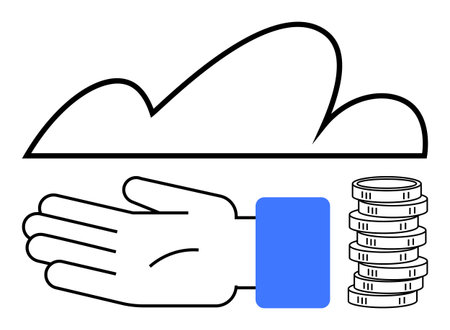 Cloud symbolizes data storage, hand represents services, coins signify financial costs. Ideal for financial planning, technology, cloud services, data management, IT solutions, cost analysisのイラスト素材