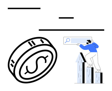 Man climbs bar chart holding search bar next to large coin. Ideal for finance, investment, growth, success, online search, data analysis, economic improvement. Line metaphorのイラスト素材