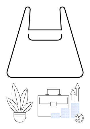 Reusable bag symbol above a briefcase, potted plant, rising arrows, and dollar sign. Ideal for sustainability, business development, eco-friendly initiatives, environmental impact, corporate growthのイラスト素材