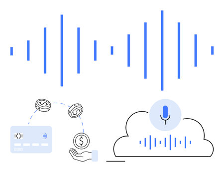 Voice waveform with microphone, credit card, and cloud. Ideal for fintech, mobile banking, AI, cloud services, contactless payments security and digital finance. Line metaphorのイラスト素材