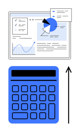 Computer screen with charts graphs and documents combined with a blue calculator and upward arrow. Ideal for finance, data analysis, business growth, planning, statistics, technology, success. Lineのイラスト素材