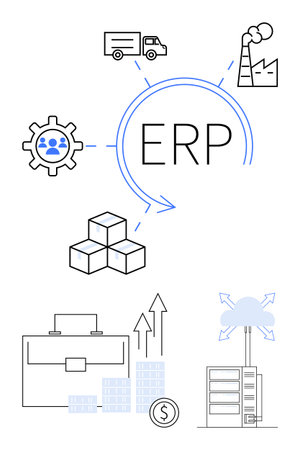 ERP acronym in center with gear for human resources, delivery truck, factory, cubes, briefcase, graphs, cloud, and server. Ideal for business management logistics manufacturing IT solutionsのイラスト素材