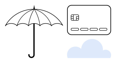 Umbrella symbolizing protection, credit card representing finance, and cloud illustrating technology and storage. Ideal for insurance, finance, technology, online security, savings, cloud computingのイラスト素材