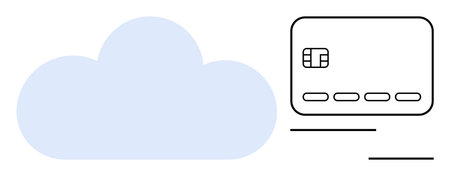 Blue cloud next to a credit card with chip and horizontal lines. Ideal for fintech, cloud computing, digital payments, e-commerce, financial technology, online banking, cybersecurity. Line metaphorのイラスト素材