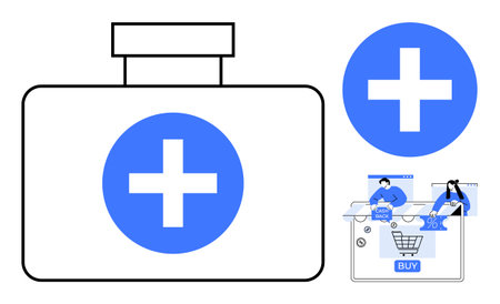 Large medical kit with blue cross, online shopping icons with healthcare elements. Ideal for telemedicine, online pharmacy, health apps, medical supplies, e-commerce, healthcare marketing, digitalのイラスト素材