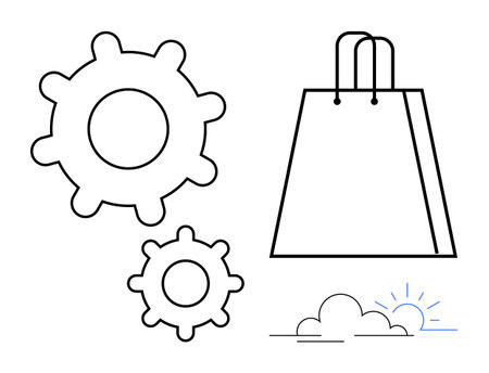 Gears, shopping bag, and rising sun element. Ideal for industrial efficiency, retail business, e-commerce, manufacturing, logistics daily operations economic growth themes. Line metaphorのイラスト素材