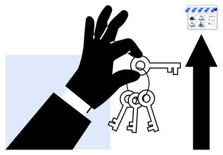 Black hand holding several keys, large arrow pointing up, small storefront icon in corner. Ideal for business success, growth, strategy, real estate, security achievement aspiration. Line metaphorのイラスト素材