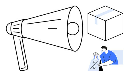 Megaphone, package box, and person carrying shopping bag. Ideal for marketing, advertising, e-commerce, communication, delivery services retail online shopping. Line metaphorのイラスト素材