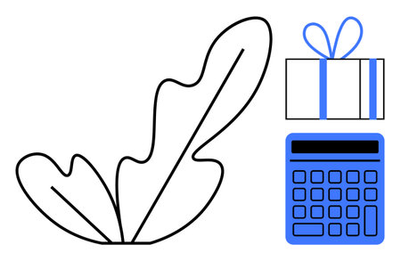 Simple line drawing of a leaf, blue gift box with ribbon, and blue calculator. Ideal for business, finance, gifts, nature, minimalism modern design and education themes. Line metaphorのイラスト素材