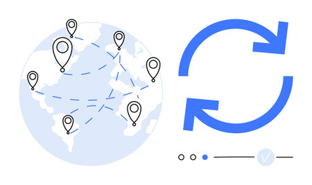Earth with location pins connected by dashed lines beside large blue refresh arrows. Ideal for global business, logistics, data updates, map services, networking, real-time tracking, digitalのイラスト素材