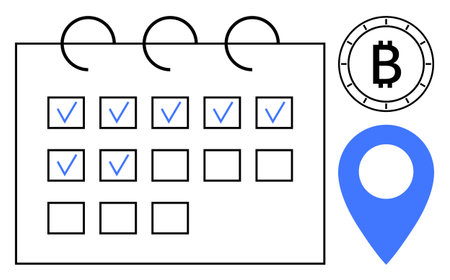 Calendar with checkmarks indicating completed tasks, Bitcoin symbol signifying cryptocurrency transaction, blue location marker for geotagging. Ideal for financial planning, cryptocurrencyのイラスト素材
