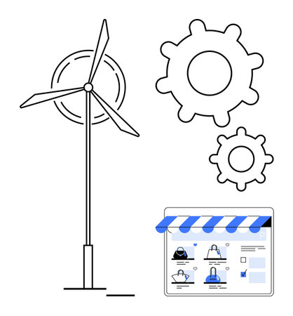 Wind turbine beside large and small gears, with online shop interface. Ideal for renewable energy, technology, e-commerce, innovation, sustainability, business development, and environmentalのイラスト素材