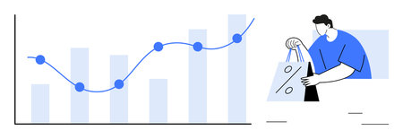 Bar graph and line chart showing upward trend, next to a person holding shopping bags with a discount tag. Ideal for business growth, e-commerce, market analysis, consumer trends, retail strategiesのイラスト素材