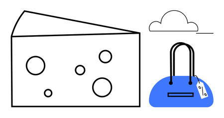 Cheese slice with holes, blue handbag with price tag, and cloud line drawing. Ideal for food themes, fashion, retail, minimalistic design, branding marketing and simplicity. Line metaphorのイラスト素材