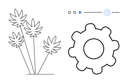 Stylized gear and abstract plants, minimalist interface elements with check mark. Ideal for technology, nature, eco-friendly, software, balance, minimalism concepts. Line metaphorのイラスト素材