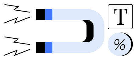 Magnet attracting text and percentage symbols represents attracting content, marketing, and engagement. Ideal for digital marketing, SEO, content strategy, business growth, branding, customerのイラスト素材
