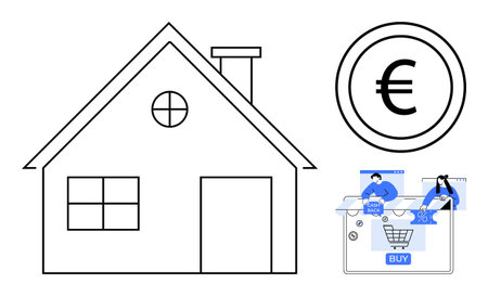 House outline, Euro currency symbol, users interacting with online shopping interface. Ideal for real estate, investment, online shopping, e-commerce, home buying financial transactions. Lineのイラスト素材