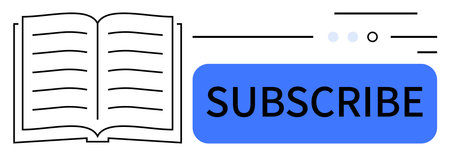 Open book beside a blue subscribe button. Ideal for newsletters, educational content, reading platforms, e-book promotions, updates, digital marketing campaigns, and library announcements. Lineのイラスト素材